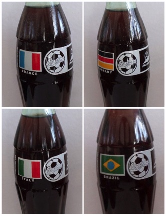 € 40,00 coca cola 4 flessen Frnce 98 vlaggen Germany, France, Italy, Brazil